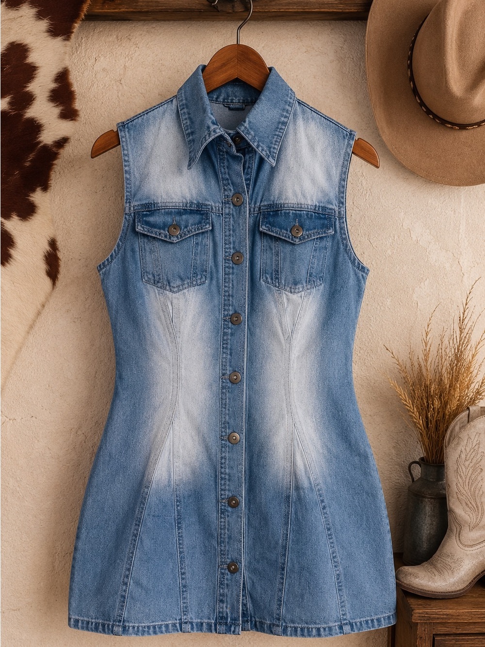 Y2K Denim Mini Dress Sleeveless Button Front Small